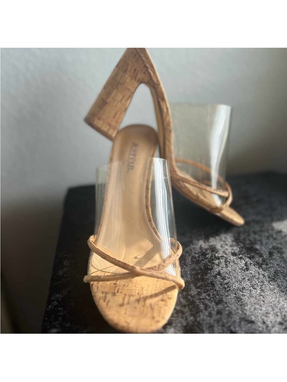 JustFab Cork and Clear Strap Mules